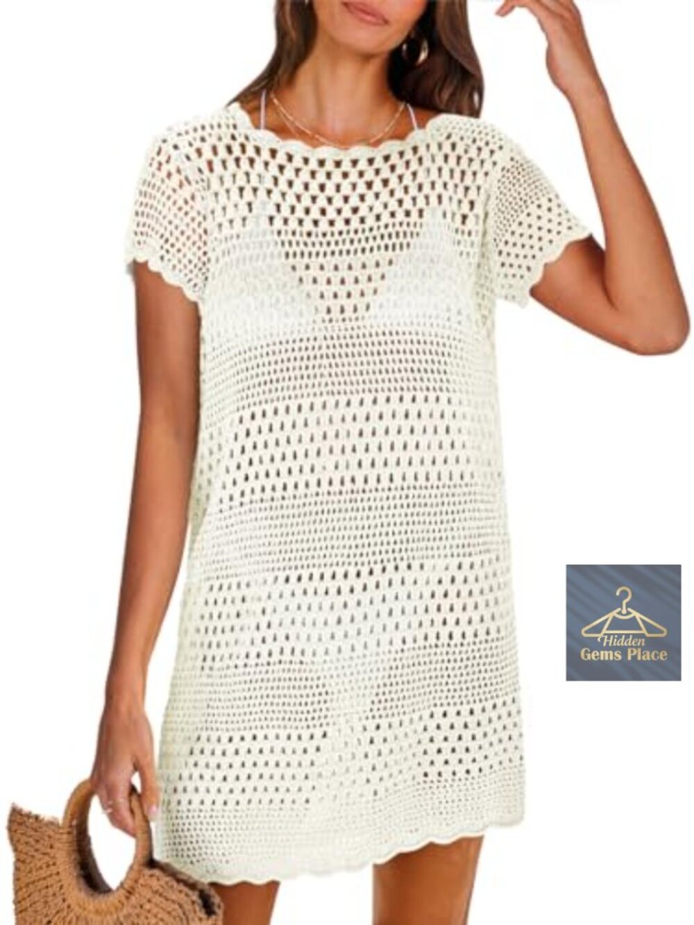 ANRABESS Women's Crochet Mesh Swim Cover Up Short Sleeve Beach Dress
